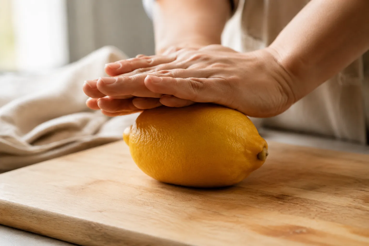 Rolling a lemon on a cutting board to get more juice from one lemon