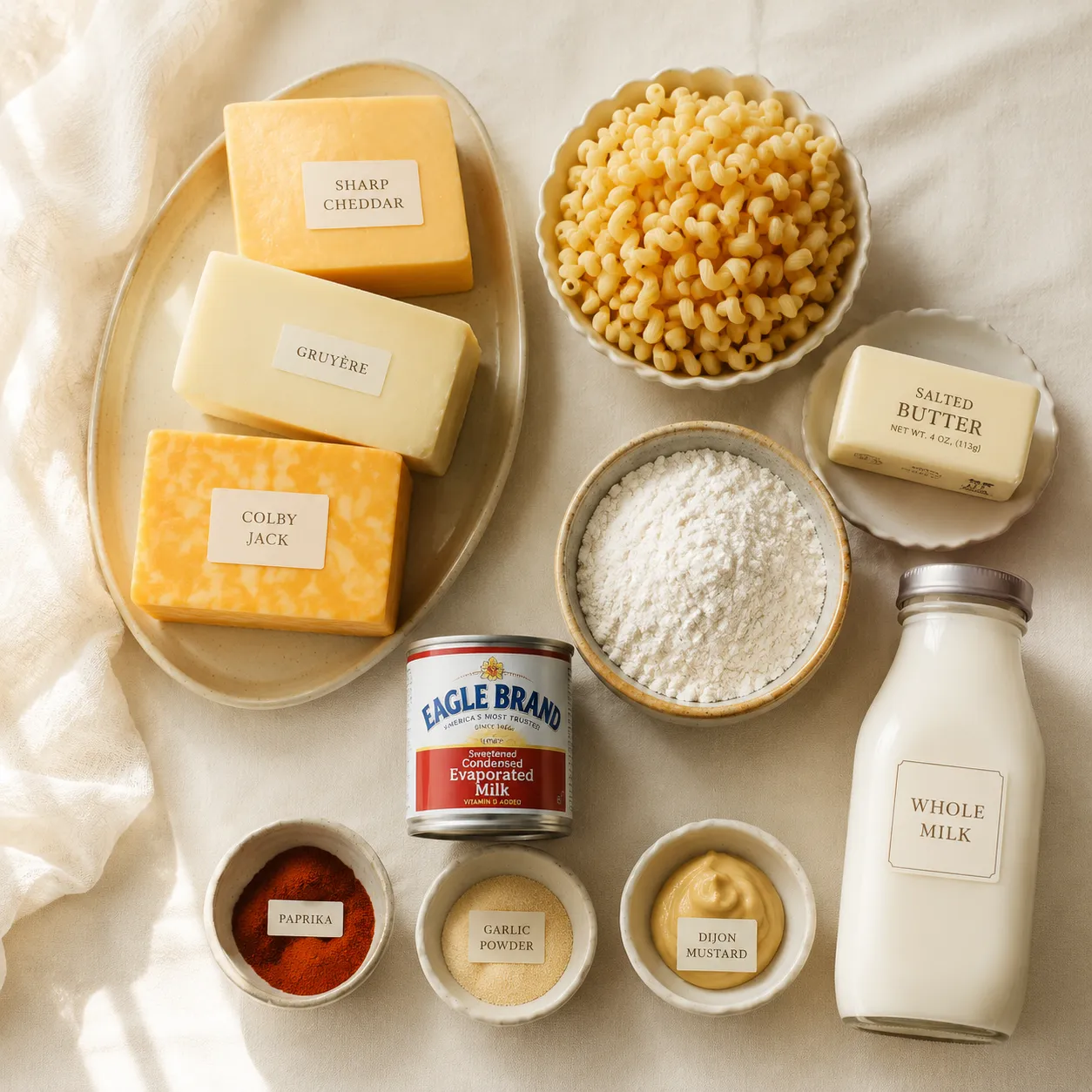 Ingredients for tinis mac and cheese including three cheeses, cavatappi pasta, and bechamel staples
