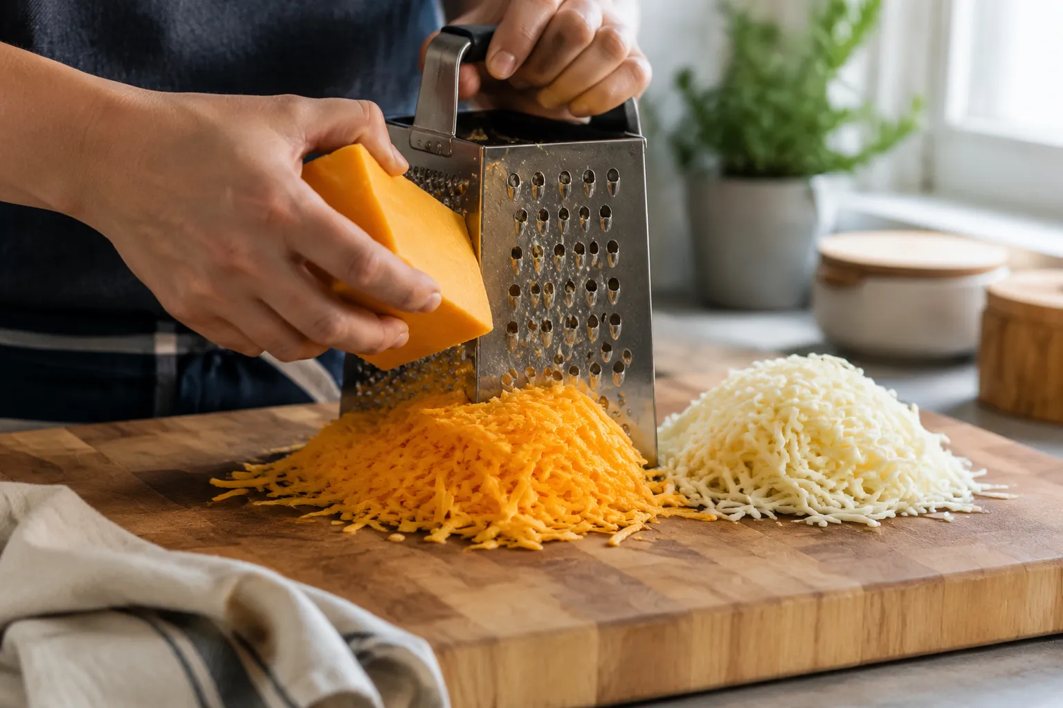 Freshly shredding cheddar cheese for tinis mac and cheese on wooden board