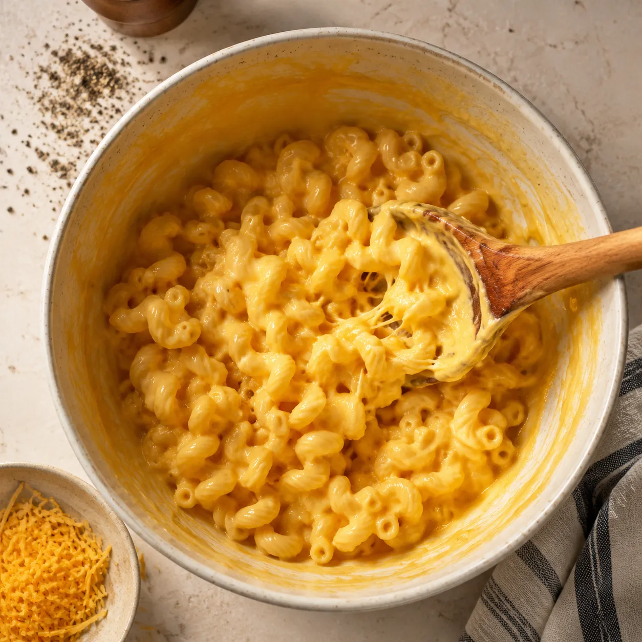 Folding cavatappi pasta into three cheese sauce for tinis mac and cheese