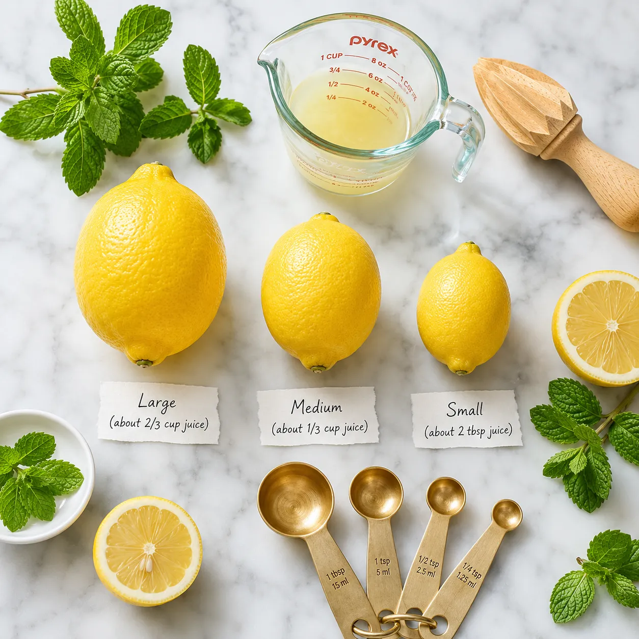 Small, medium, and large lemons with measuring tools to show how much juice in one lemon