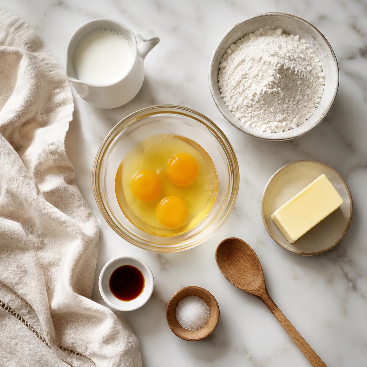 Ingredients for German pancake recipe arranged overhead on marble