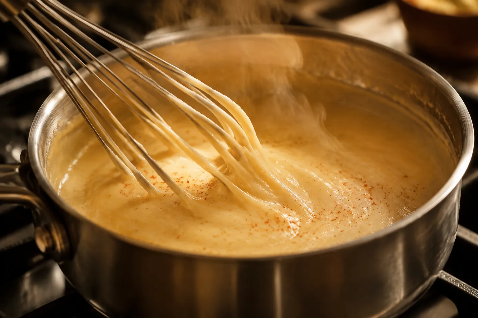 Whisking a smooth bechamel sauce for tinis mac and cheese in a saucepan