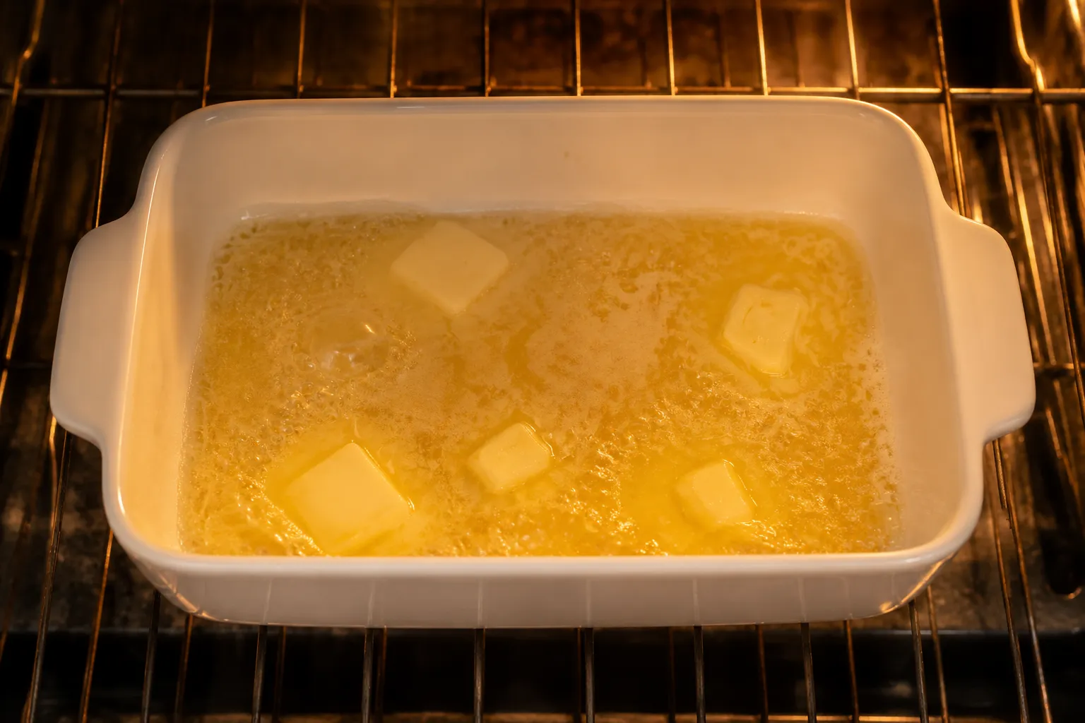 Butter melting in a hot baking dish for German pancakes
