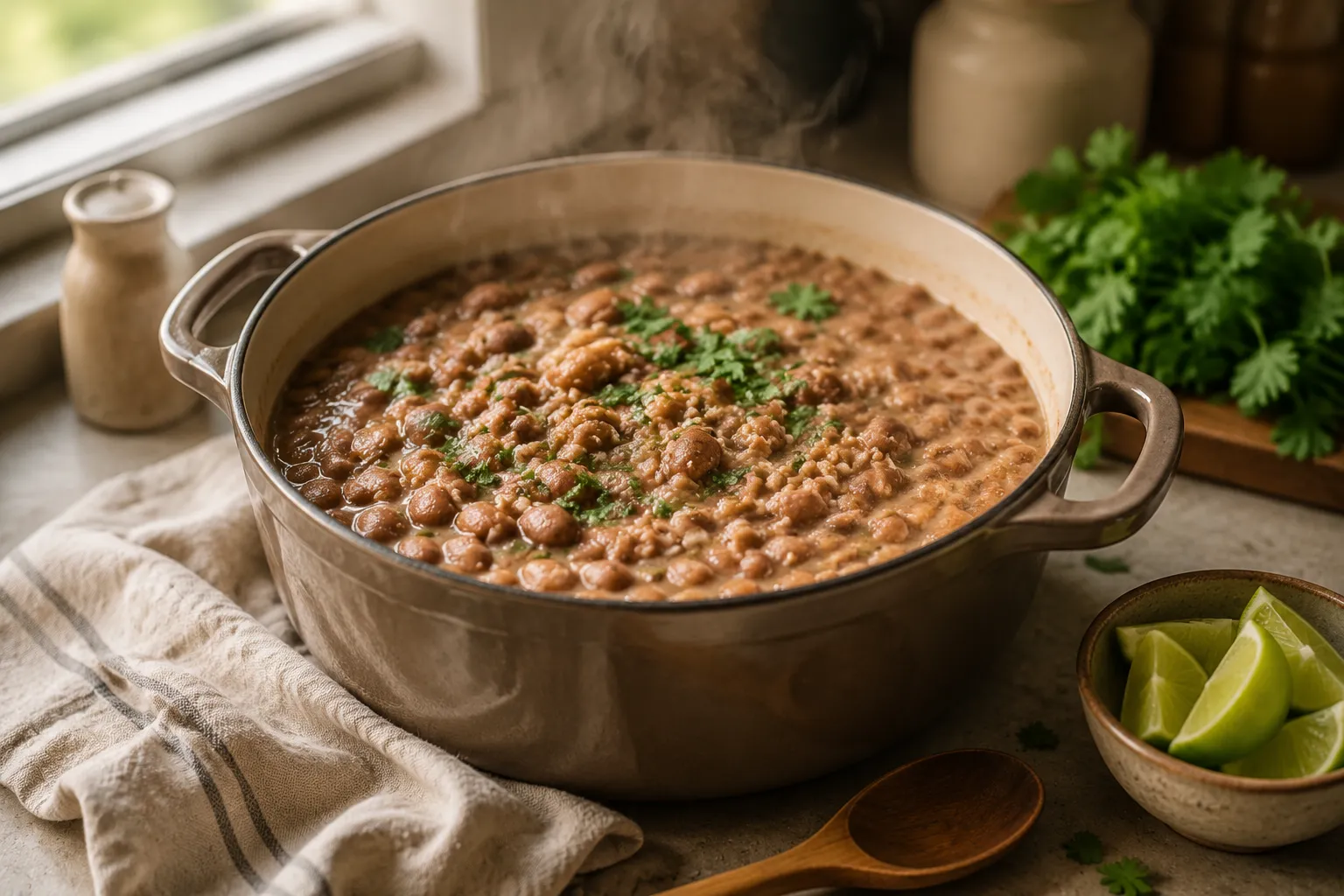 Easy pinto beans recipe simmered in a Dutch oven