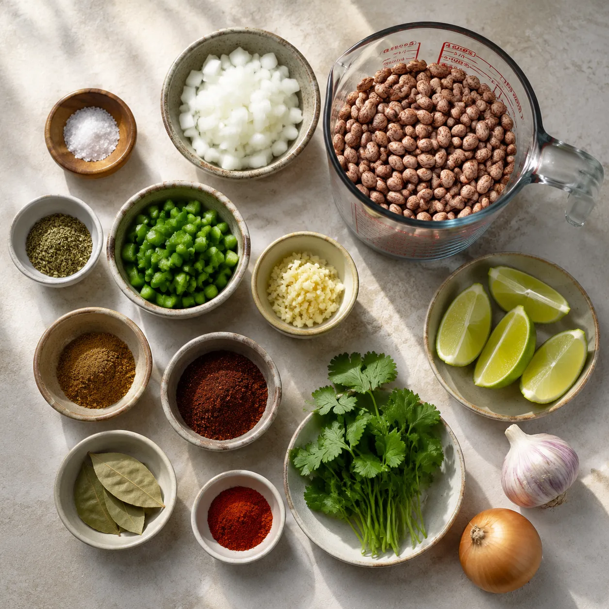 Ingredients for pinto beans recipe with dried beans, onion, garlic, jalapeño, and spices