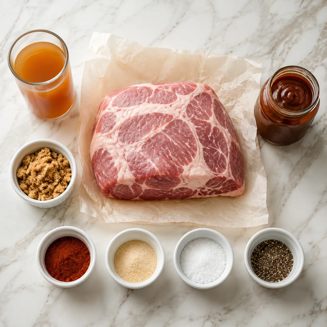 Ingredients for crock pot pulled pork including pork shoulder, dry rub spices, and apple cider.