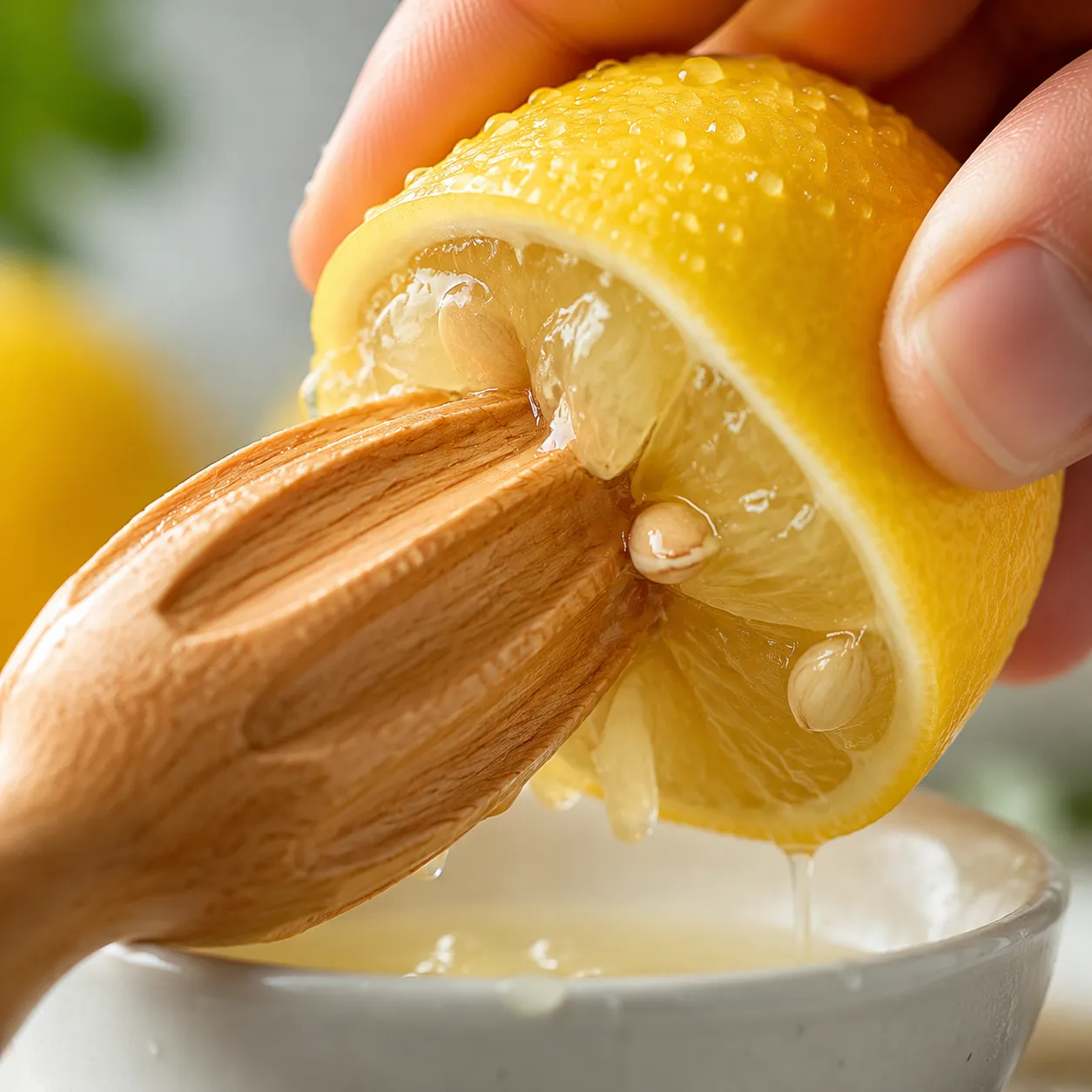 Juicing one lemon with a wooden reamer to measure tablespoons of lemon juice
