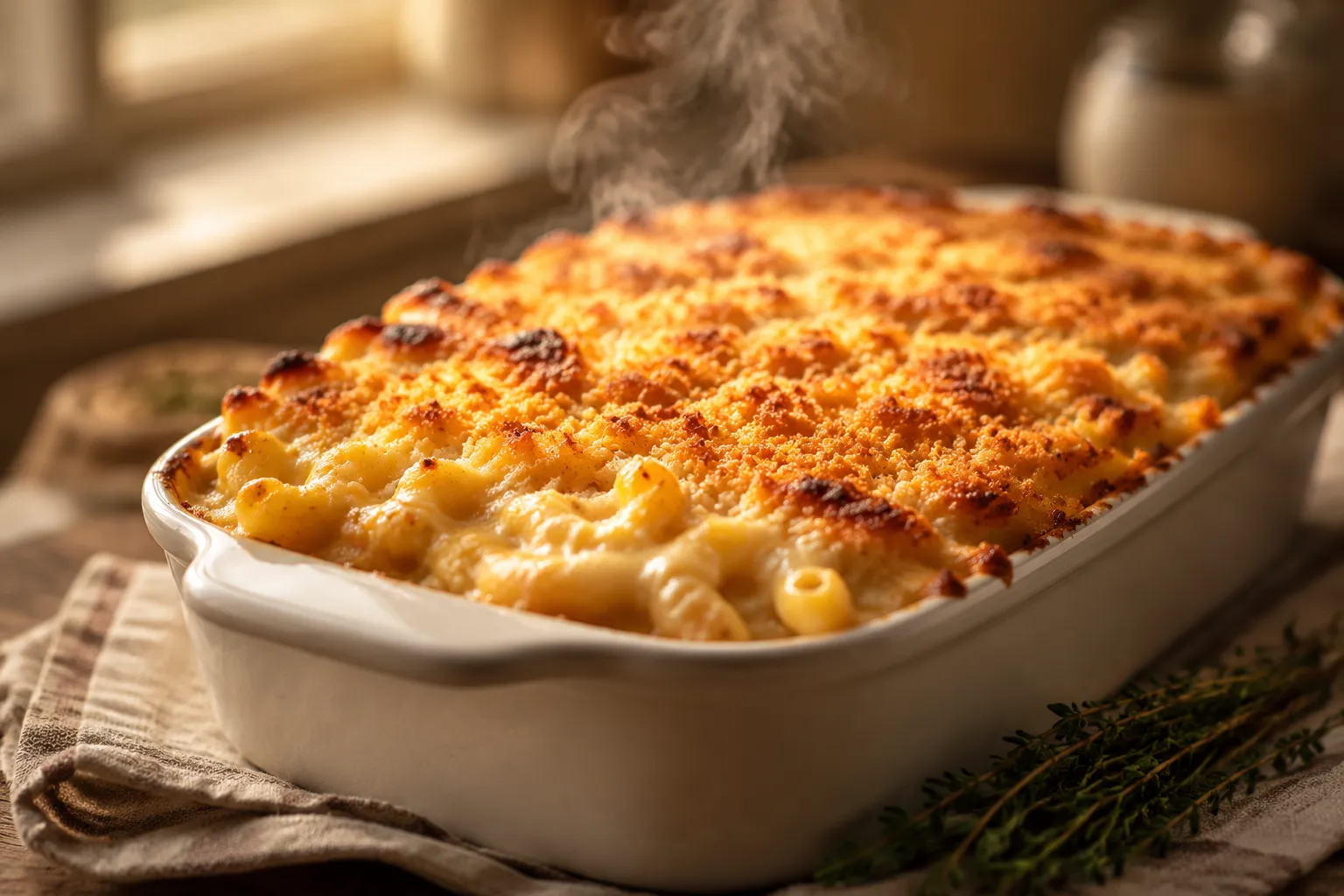 Baked tinis mac and cheese with golden bubbling cheese crust fresh from the oven