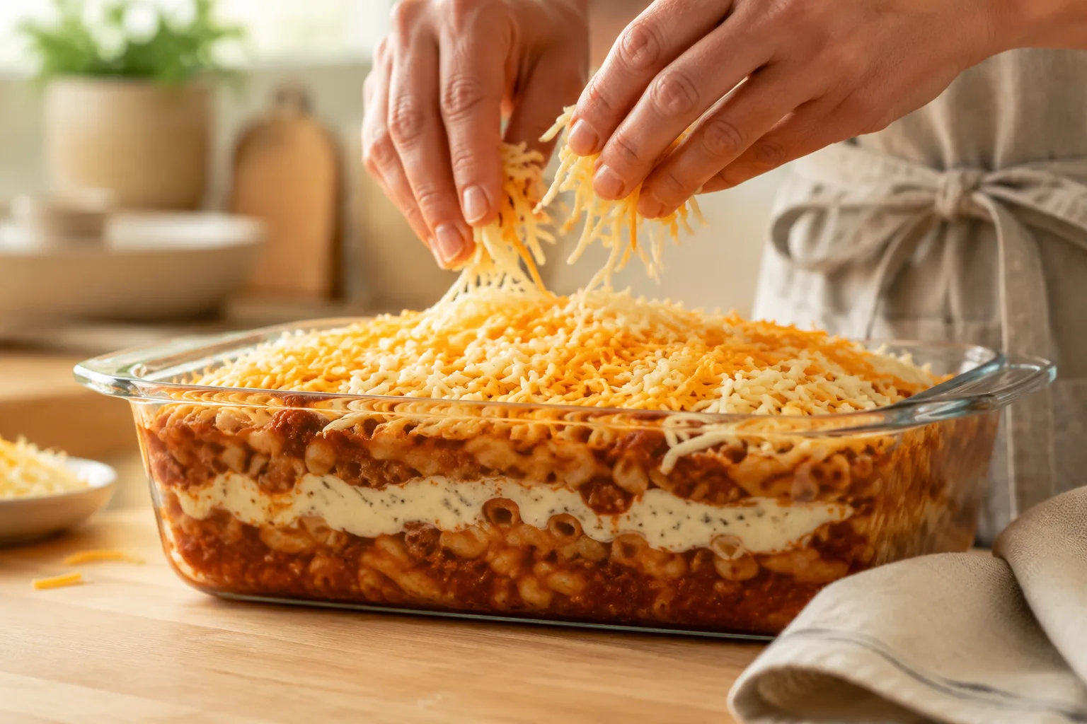 Layering cheese on top of tinis mac and cheese before baking