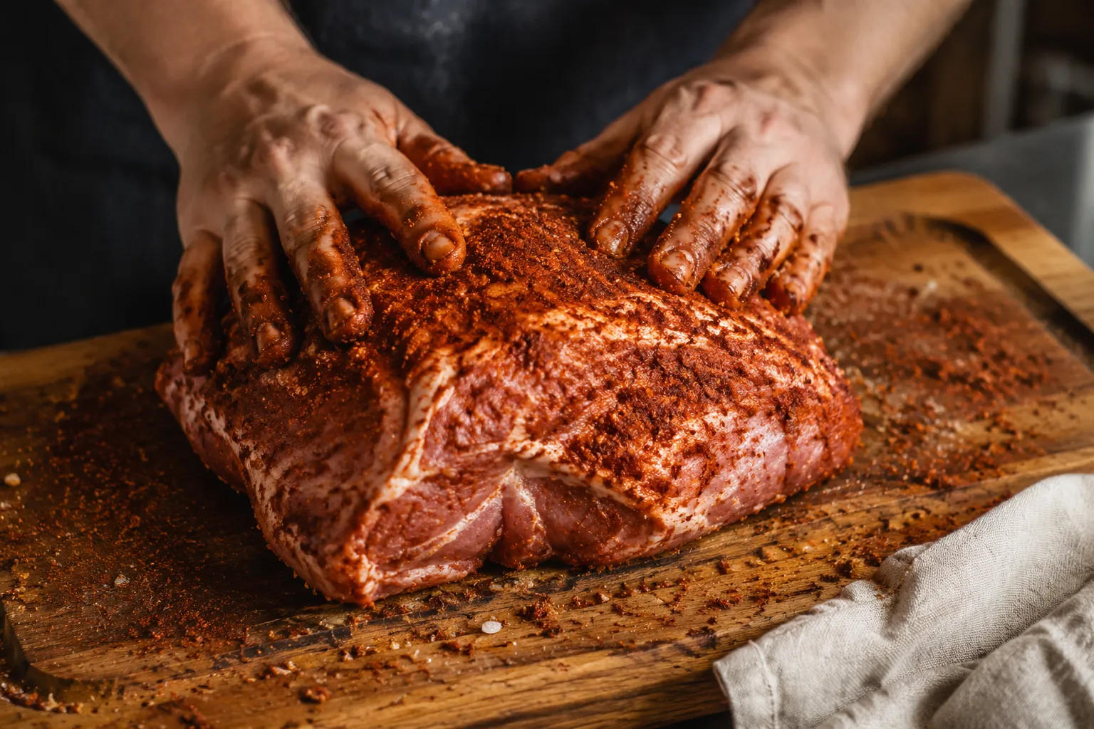 Hands rubbing dry spice rub onto pork shoulder for slow cooker pulled pork.