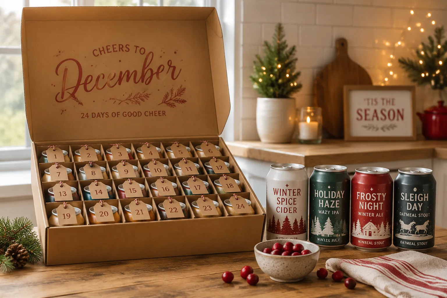 DIY redbull advent calendar with numbered cans for a holiday countdown