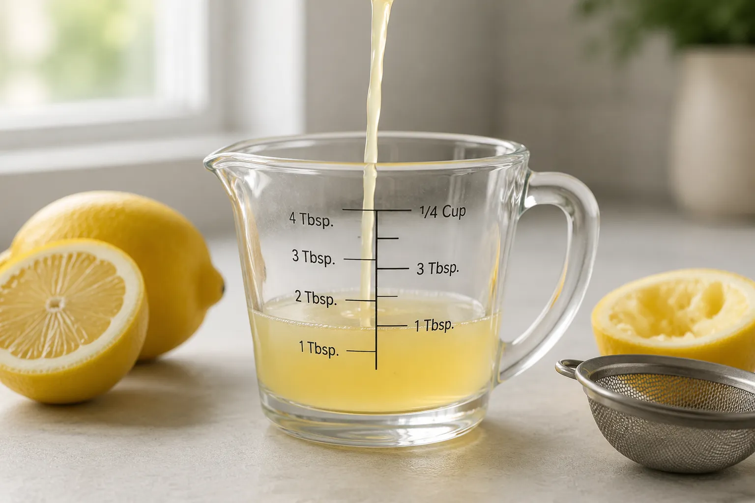 Measuring 2 tablespoons of fresh lemon juice from one medium lemon