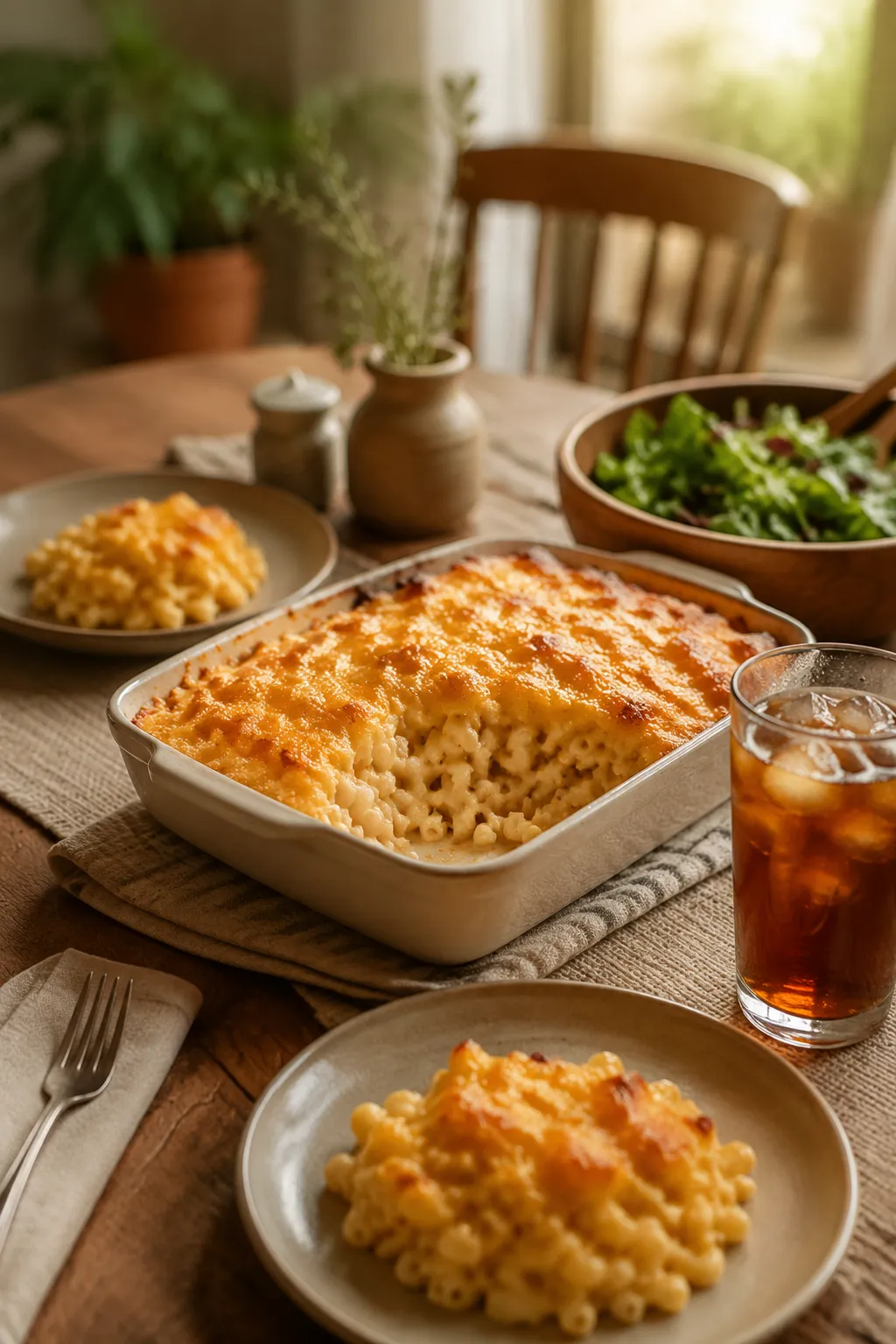 Tinis mac and cheese served family-style at a cozy dinner table