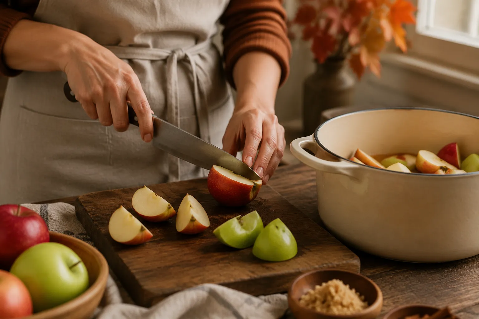 Quartering fresh apples for homemade apple cider on a wooden board