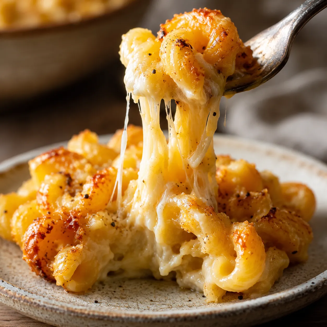 Close-up cheese pull from a serving of tinis mac and cheese on a plate