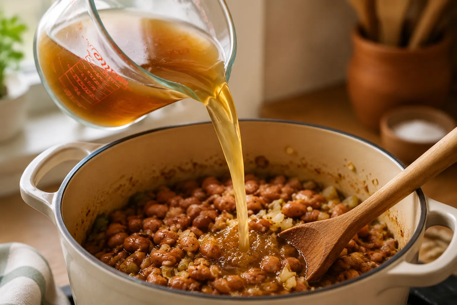 Adding broth to pinto beans before simmering