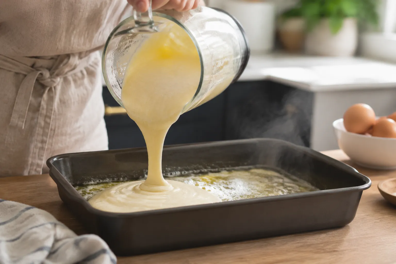 Pouring German pancake batter into a hot buttered baking dish