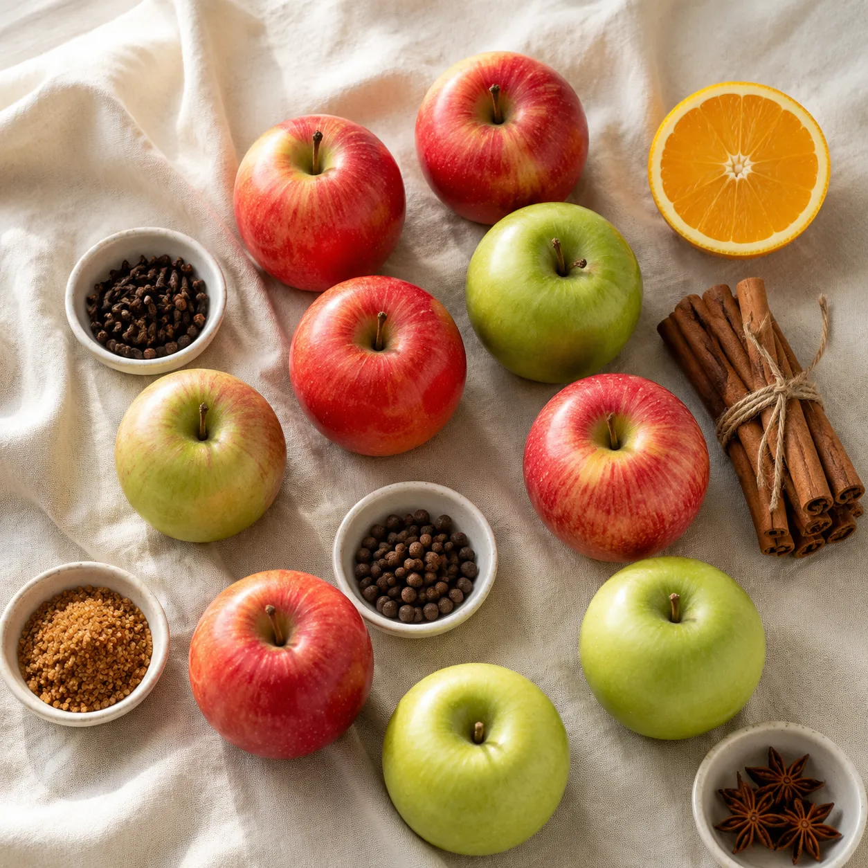 Apple cider ingredients flatlay with apples, oranges, and whole spices