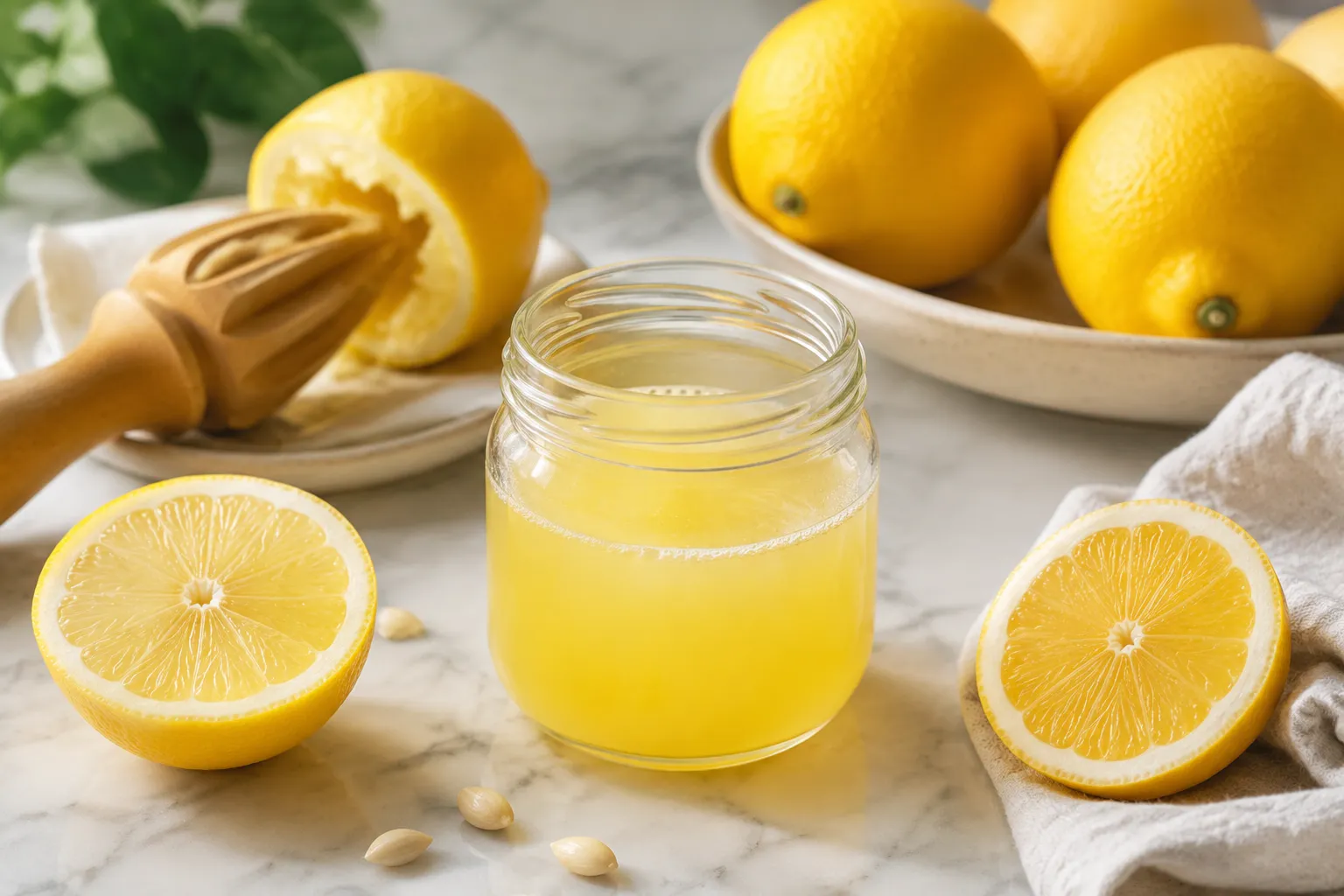 Fresh lemon juice in a glass jar after juicing one lemon