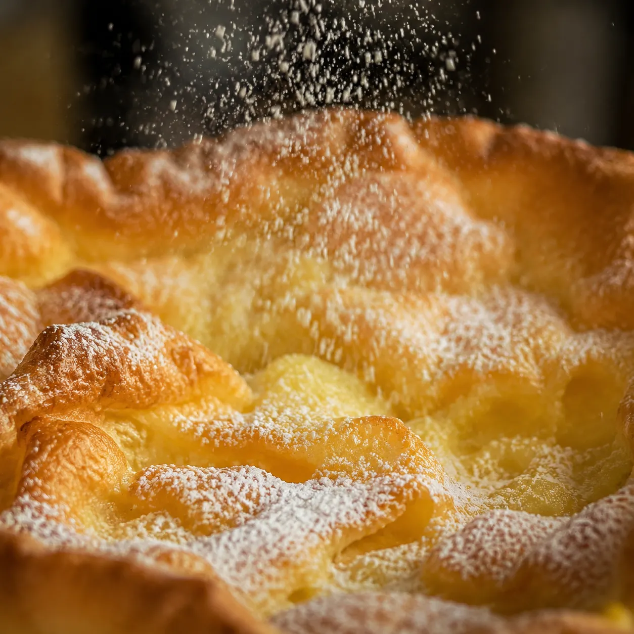 Powdered sugar dusting a golden German pancake in close-up