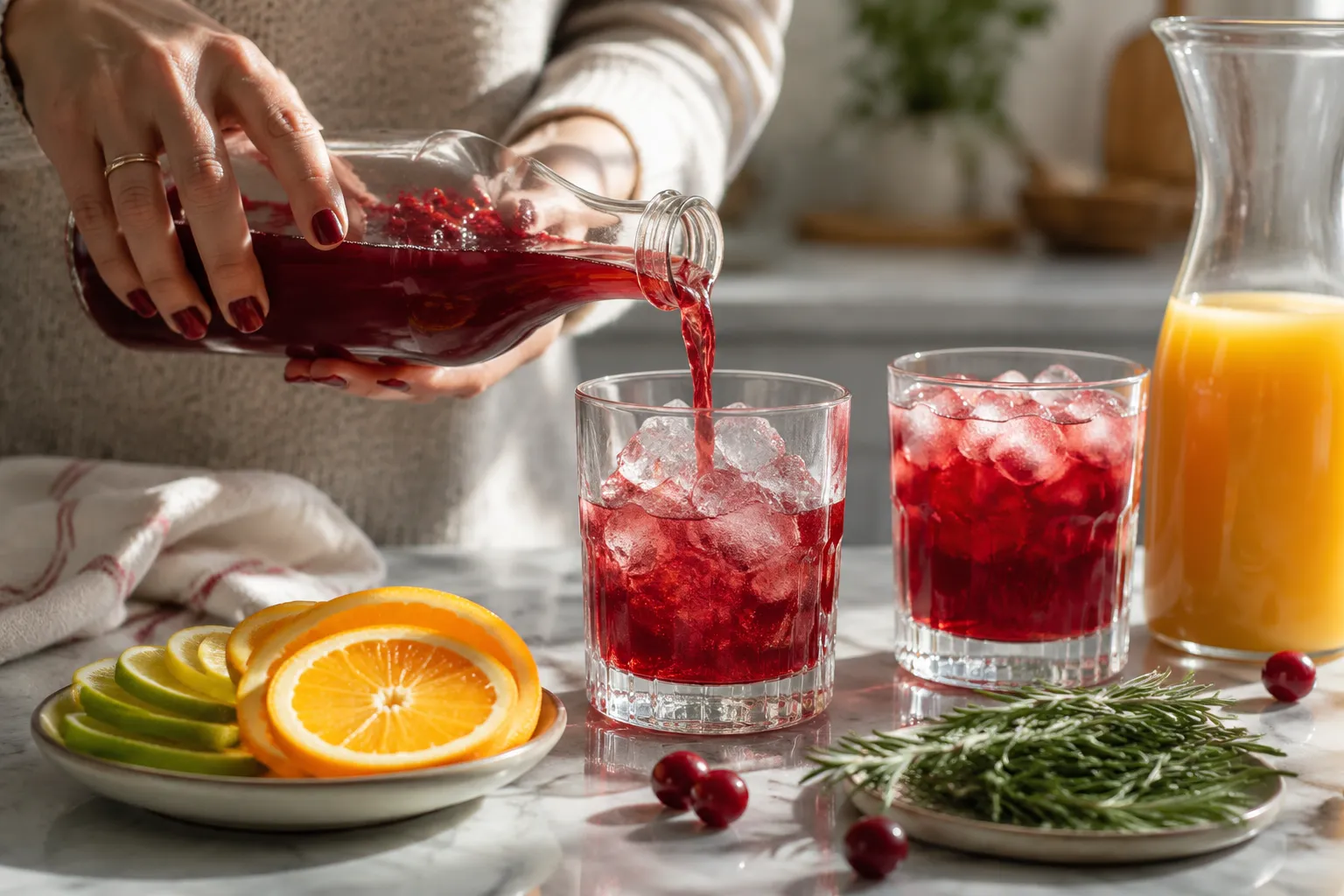 pouring cranberry juice for festive Red Bull holiday drinks