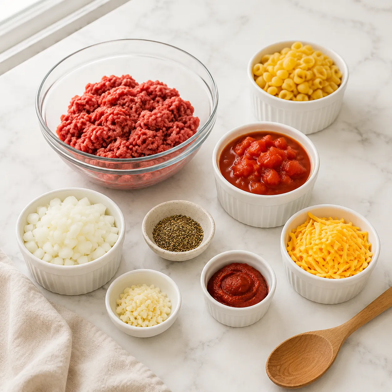 Ingredients for easy ground beef dinner ideas in white bowls on marble