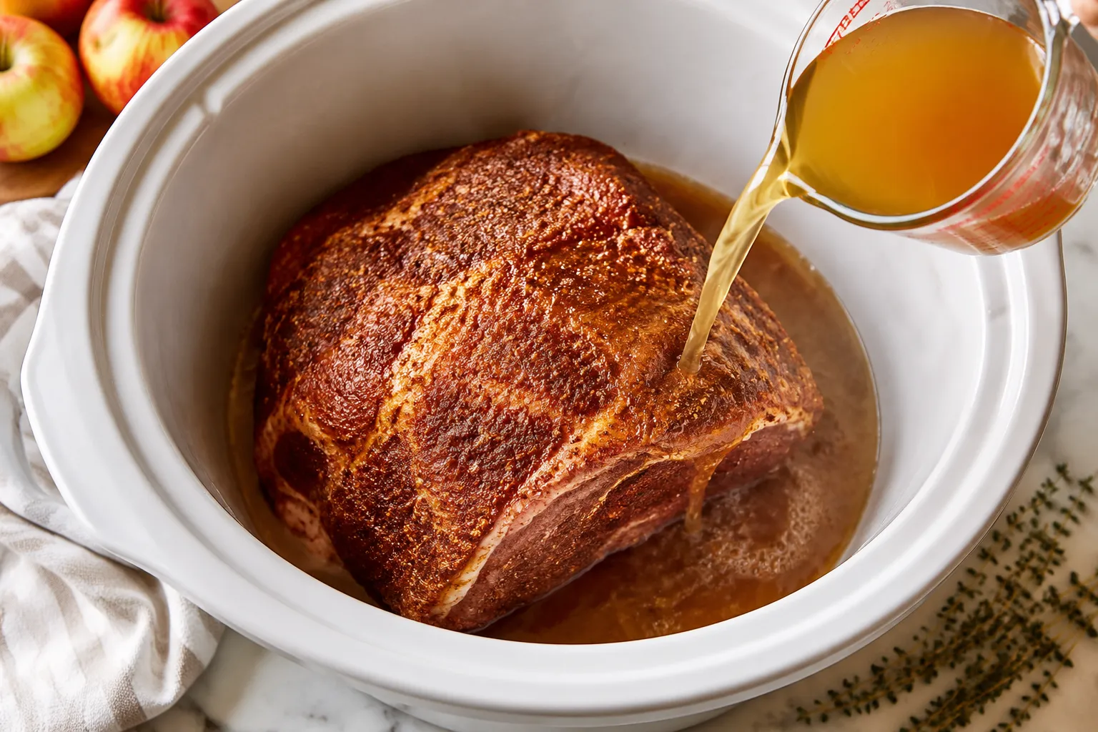 Pouring apple cider over seasoned pork shoulder in a crock pot.