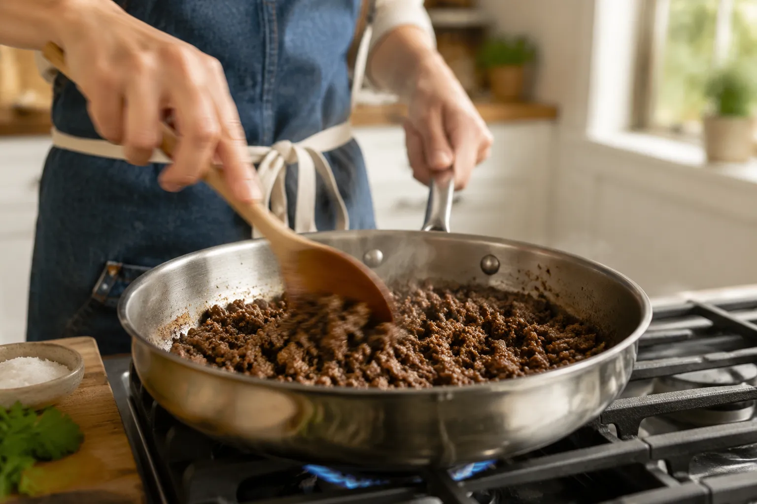 Browning ground beef in a stainless skillet for weeknight dinner