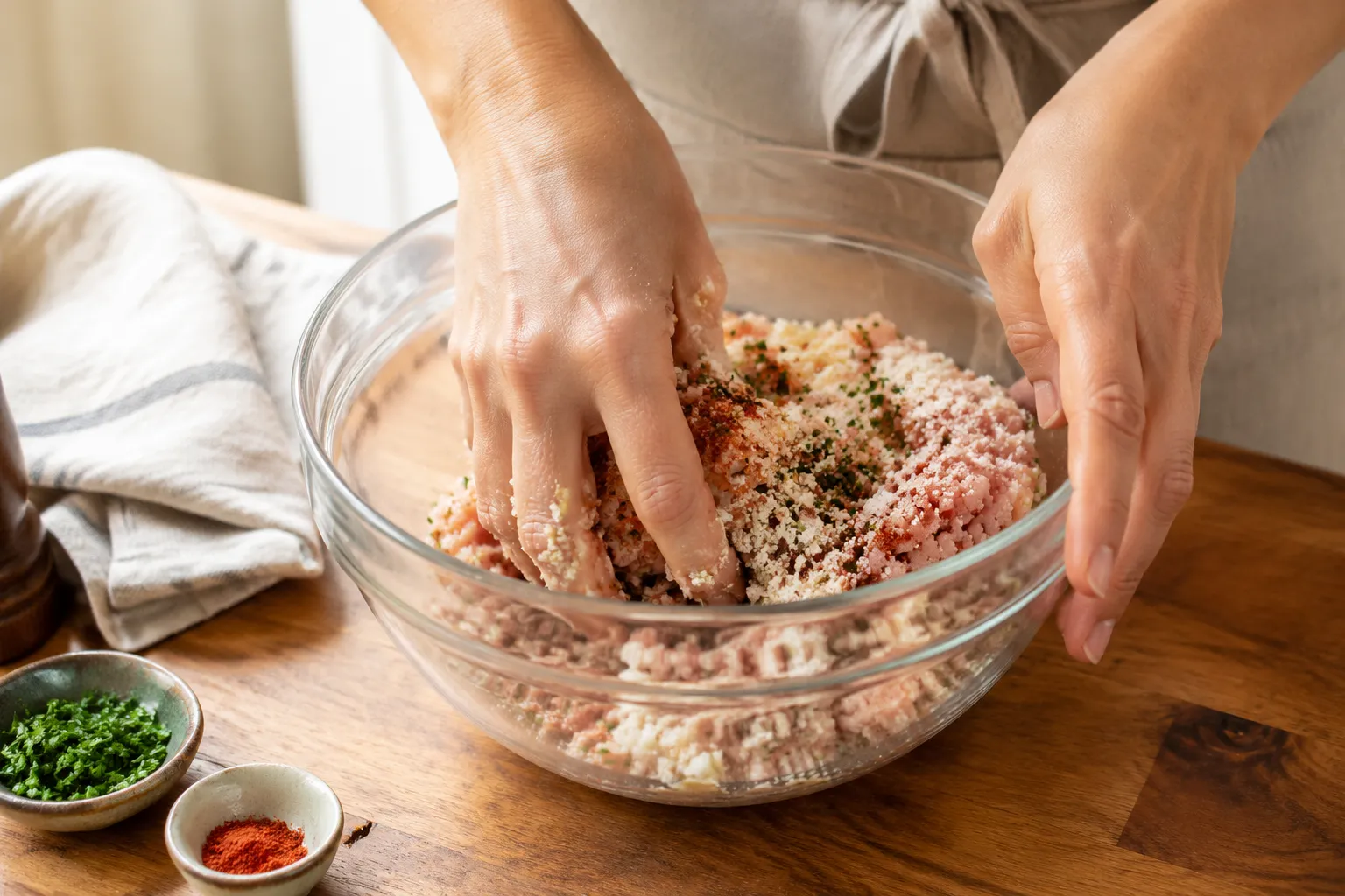 Mixing ground turkey with seasonings for juicy turkey burger patties