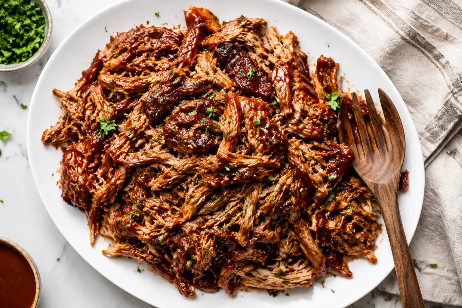 Finished crock pot pulled pork shredded and tossed with BBQ sauce on a white platter.