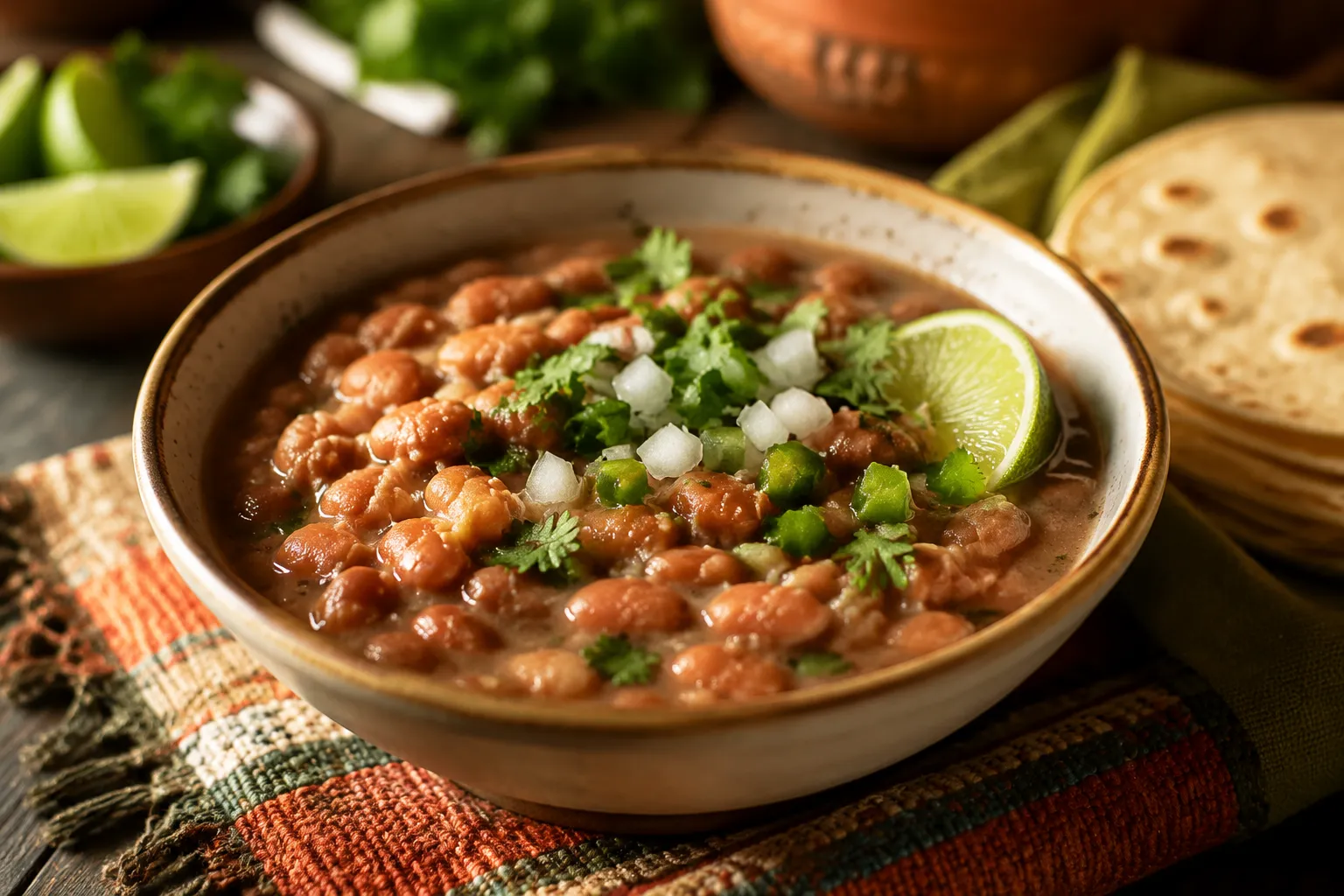 Finished pinto beans recipe served with cilantro, lime, jalapeño, and tortillas