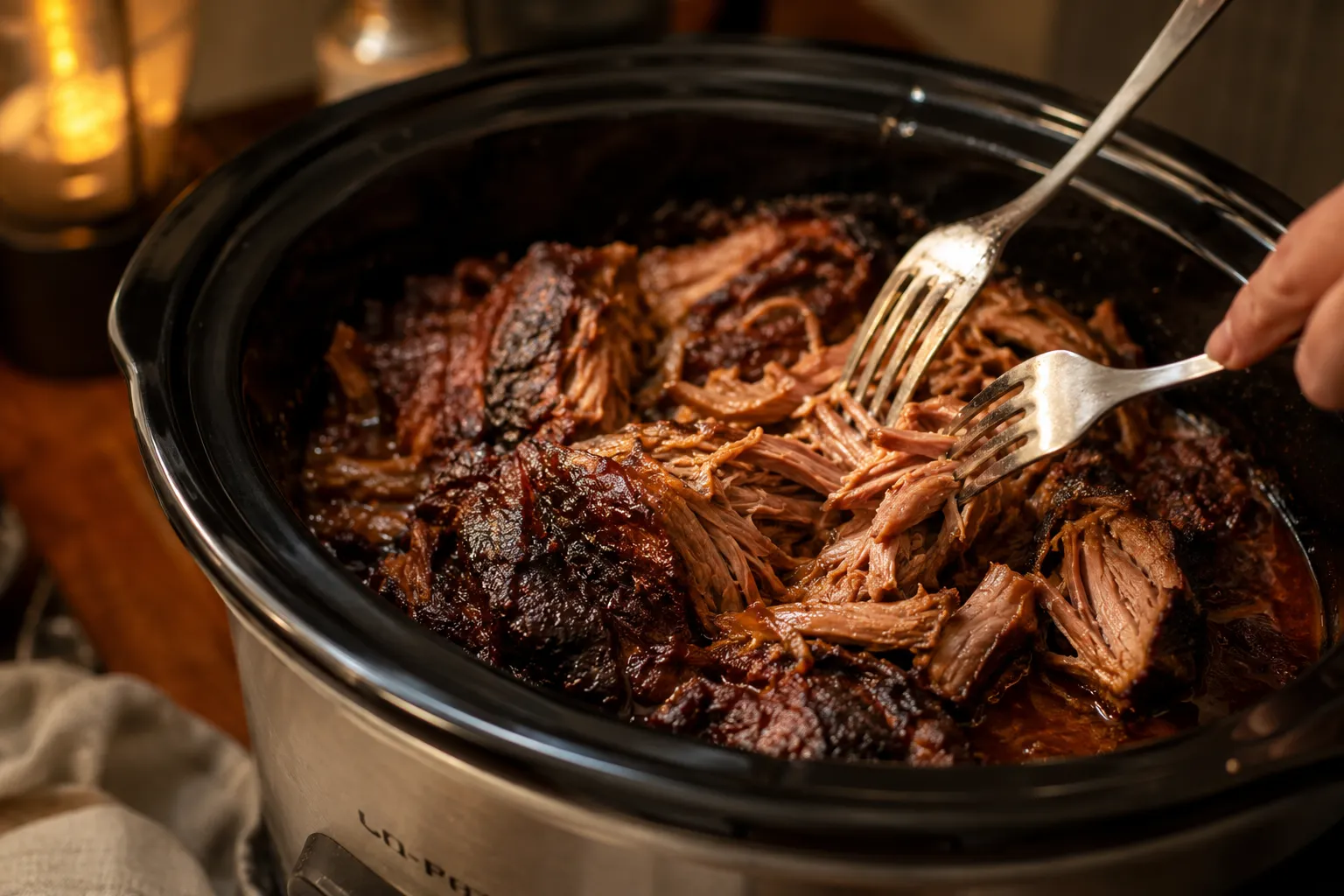 Shredding tender slow cooker pulled pork with two forks inside the crock pot.