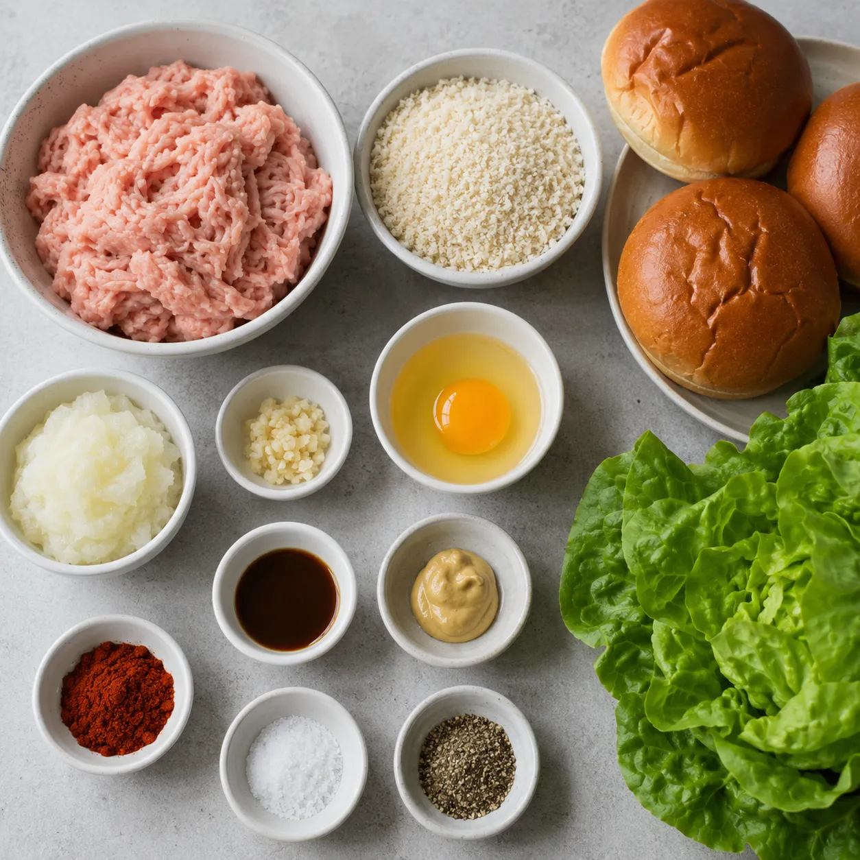 Ingredients for turkey burger recipe arranged overhead in small bowls