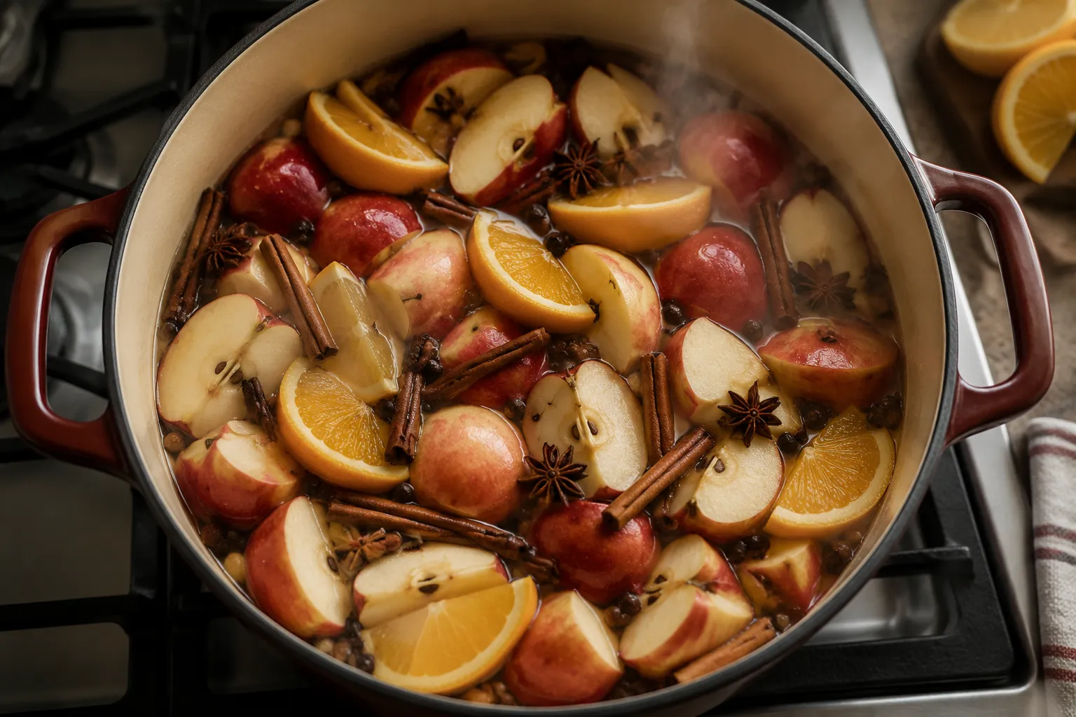 Apples and whole spices in a pot ready to simmer into apple cider