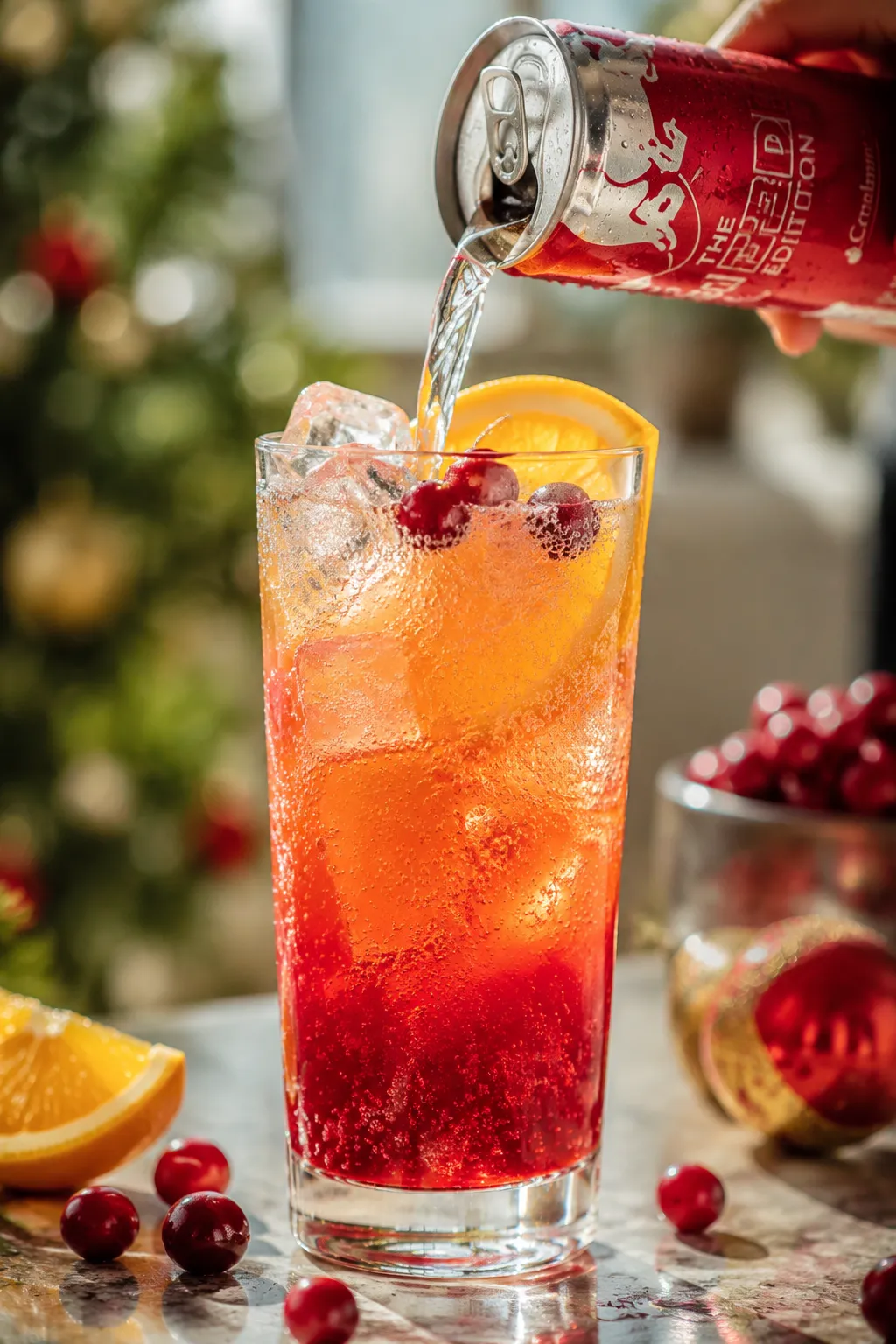 pouring Red Bull into a holiday mocktail for an advent calendar drink