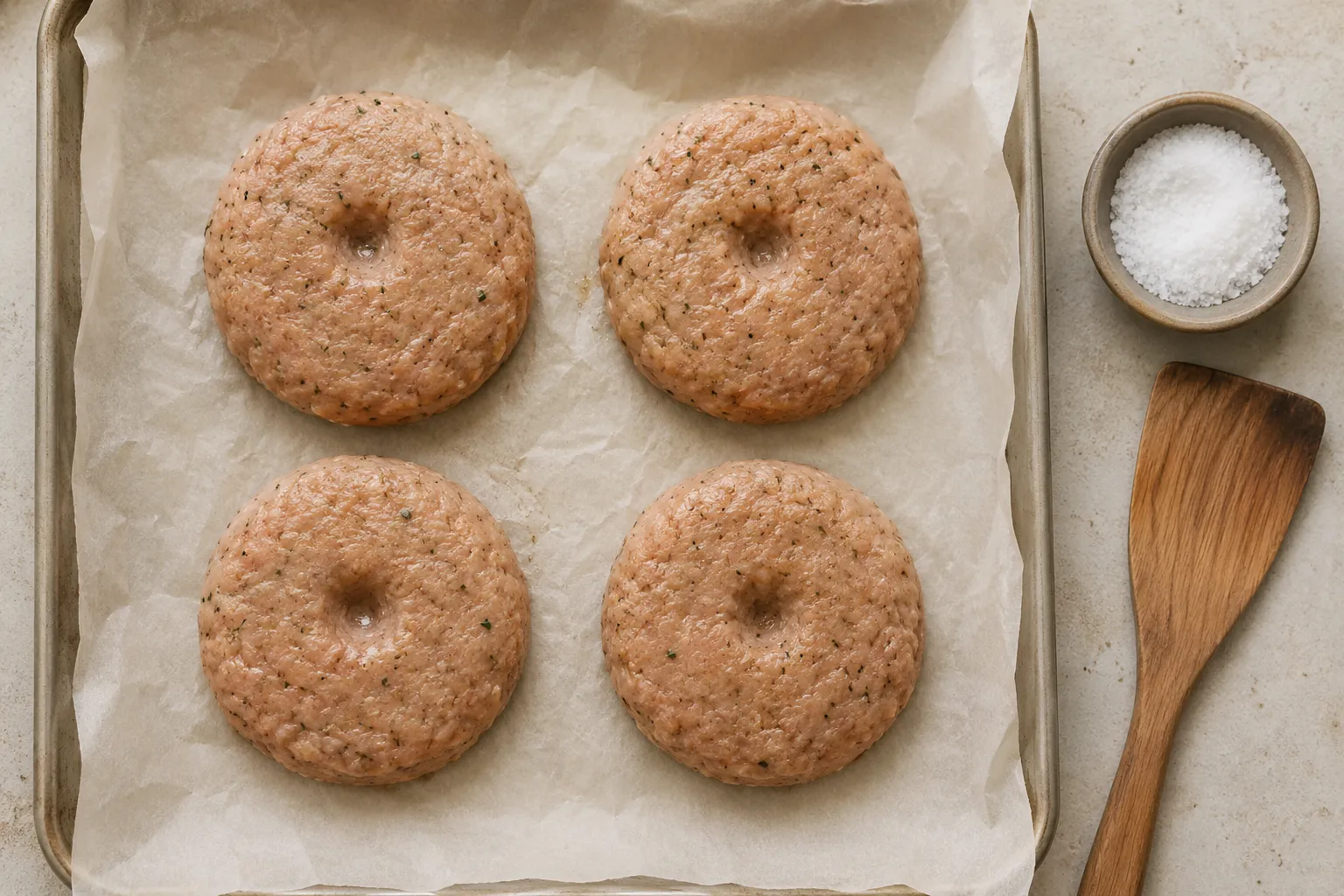 Shaped turkey burger patties with center dimples on parchment paper