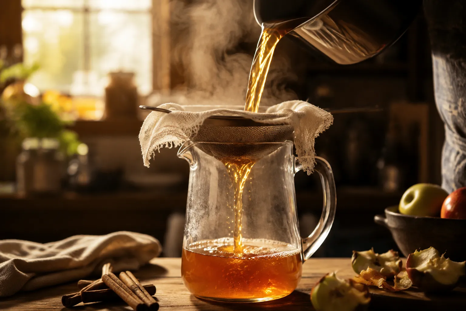 Straining homemade apple cider through cheesecloth into a glass pitcher