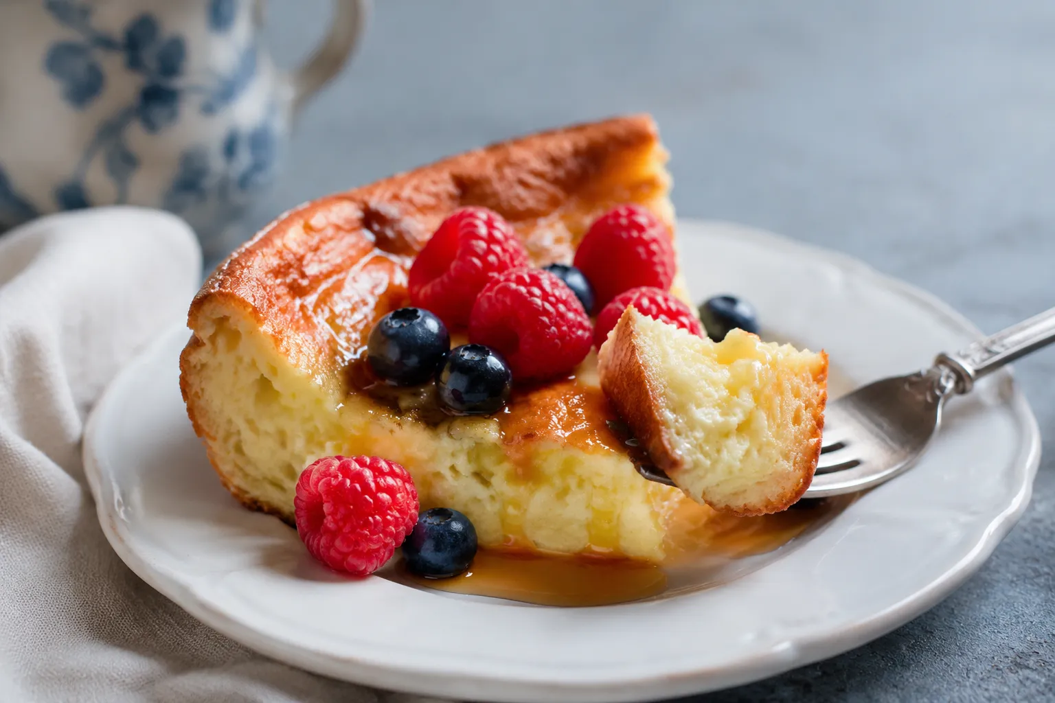 Slice of German pancakes served with berries and maple syrup