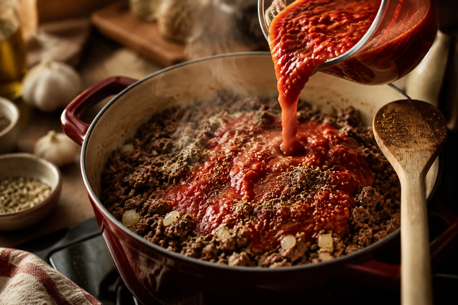 Adding tomato sauce to ground beef skillet recipe