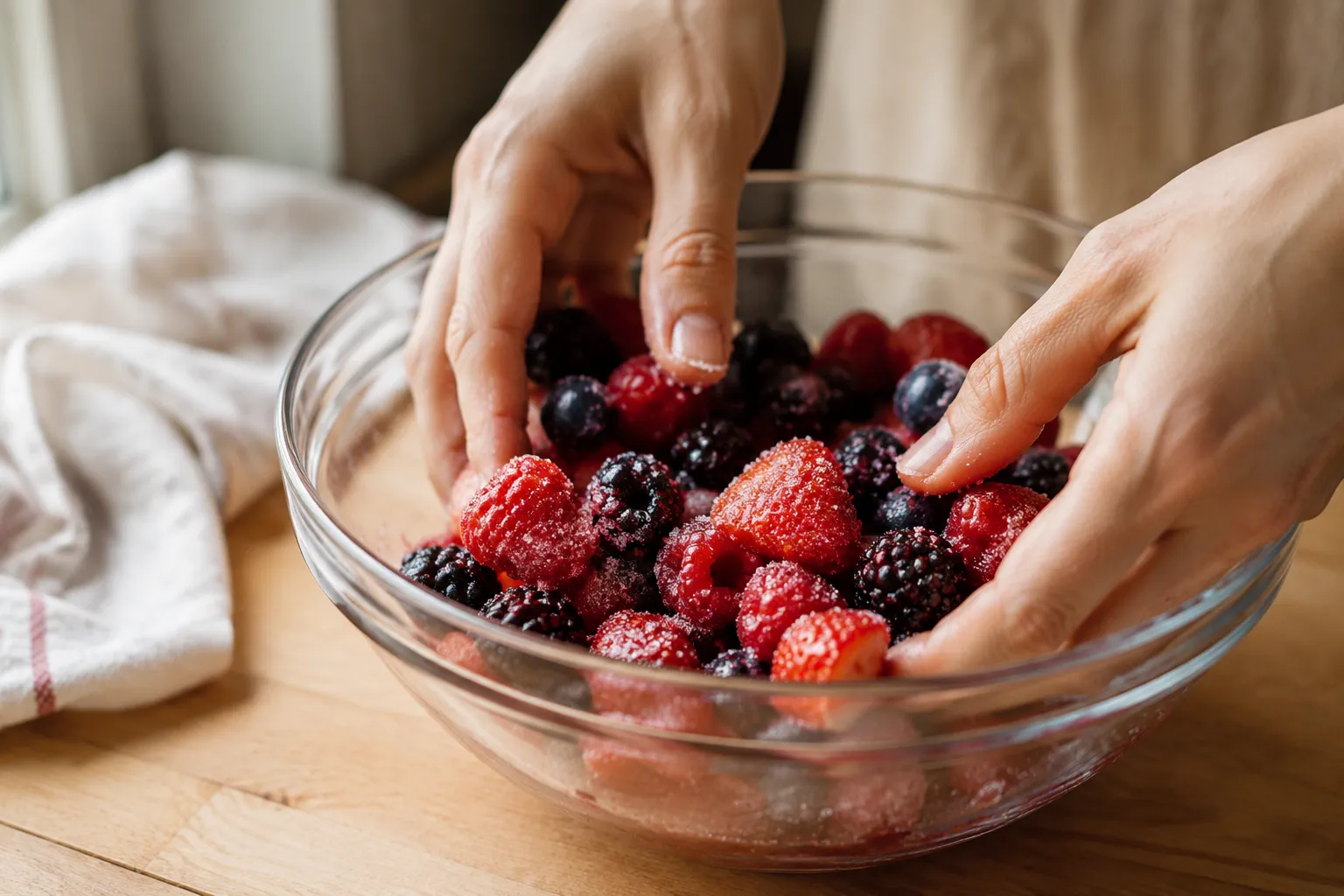 Macerating fresh berries with sugar for trifle