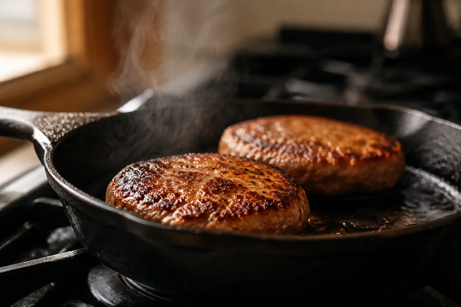 Turkey burgers searing in cast iron skillet with golden crust