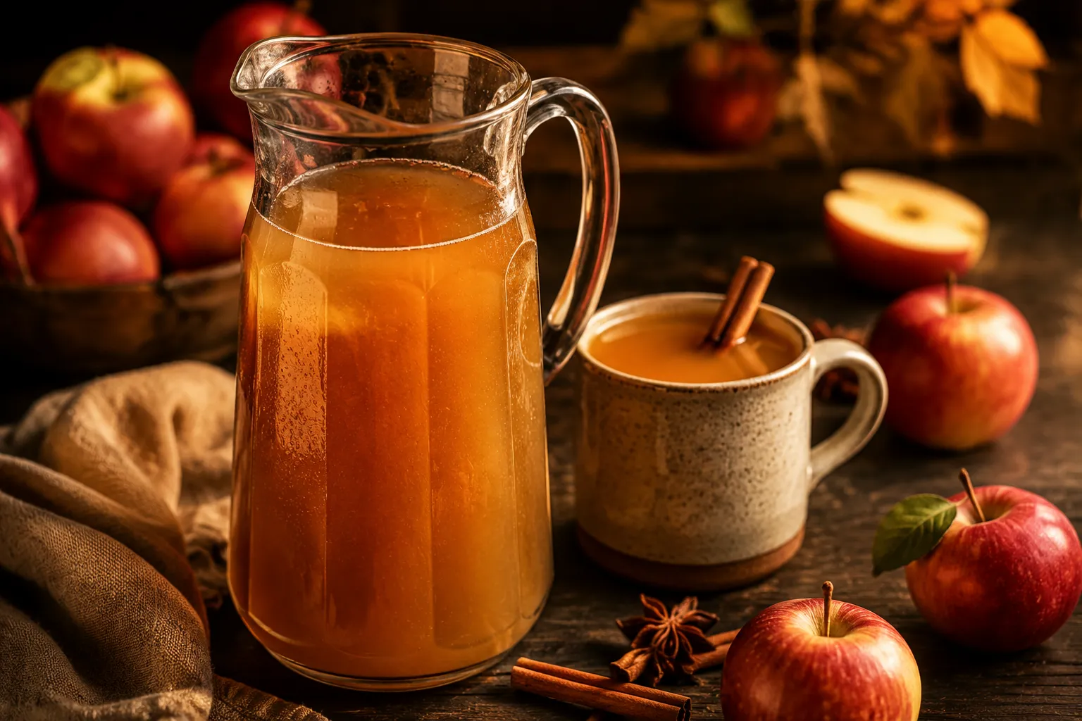 Pitcher of finished homemade apple cider with a mug ready to serve