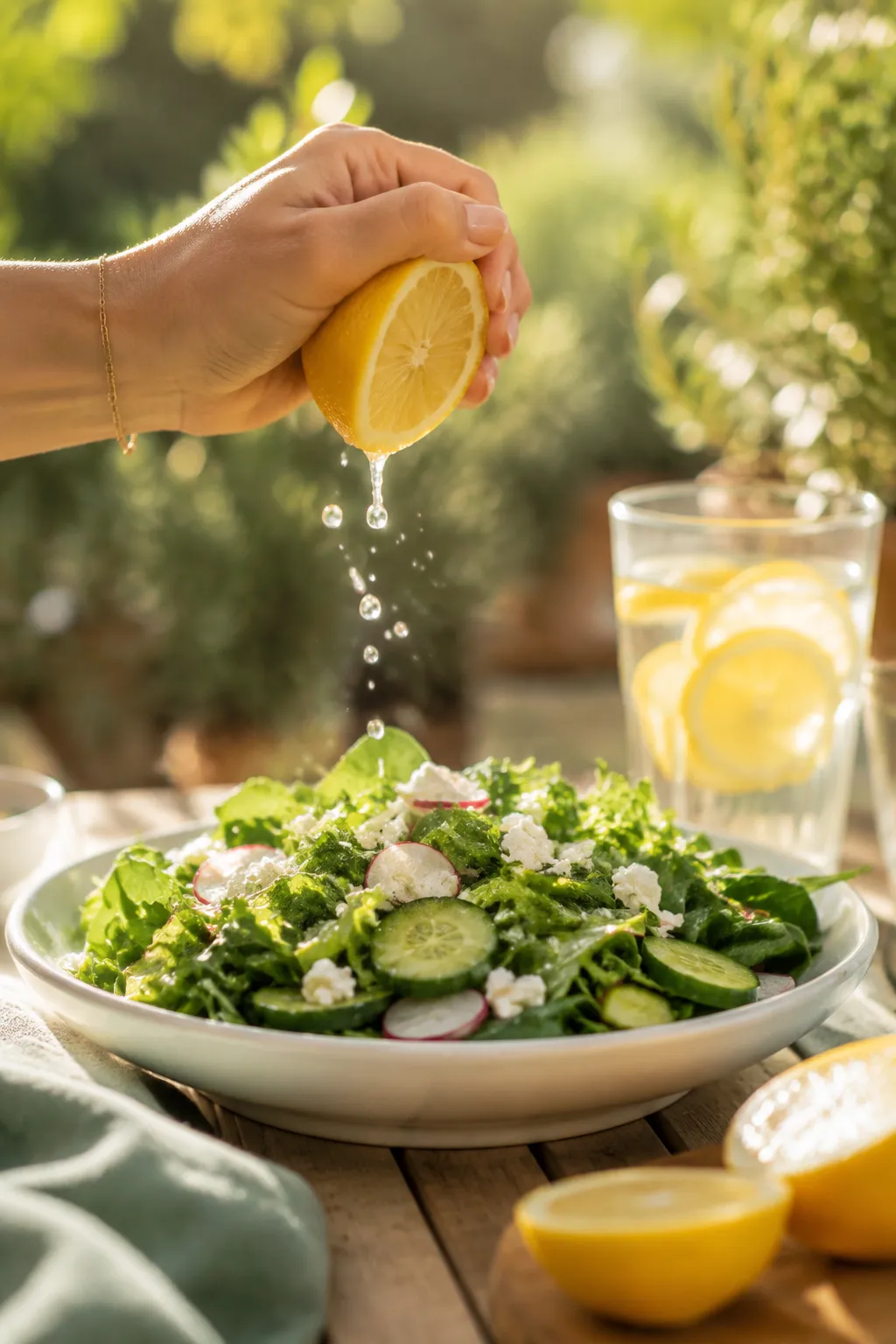 Using fresh lemon juice from one lemon over a salad and in lemon water
