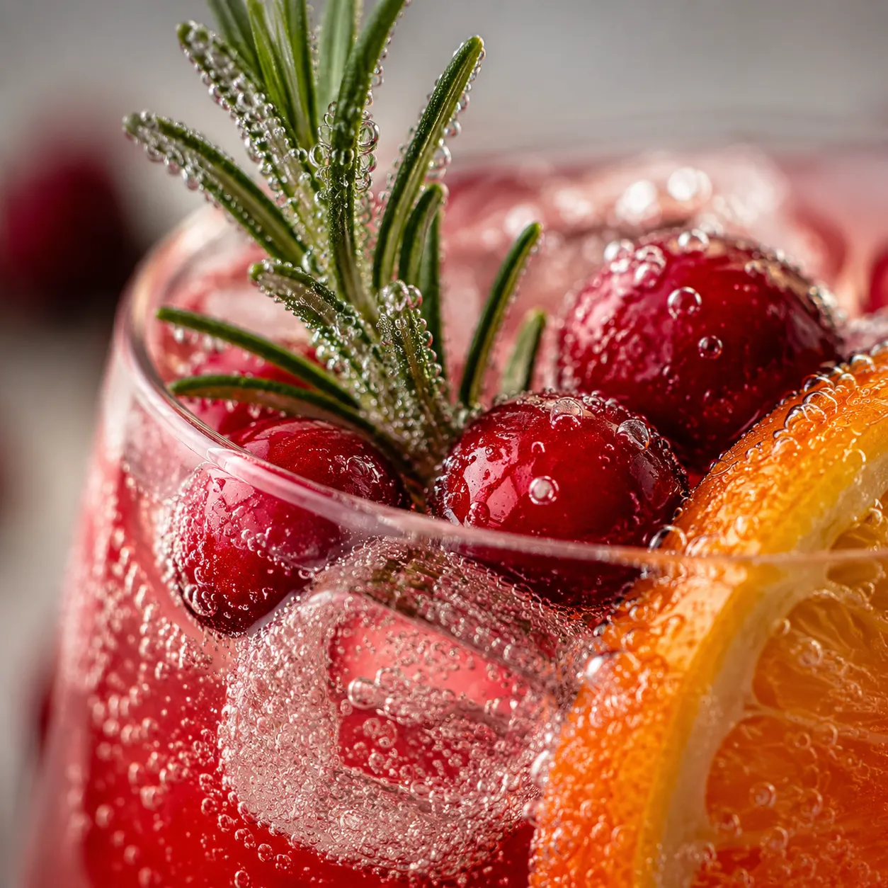 close up of sparkling cranberry Red Bull holiday mocktail