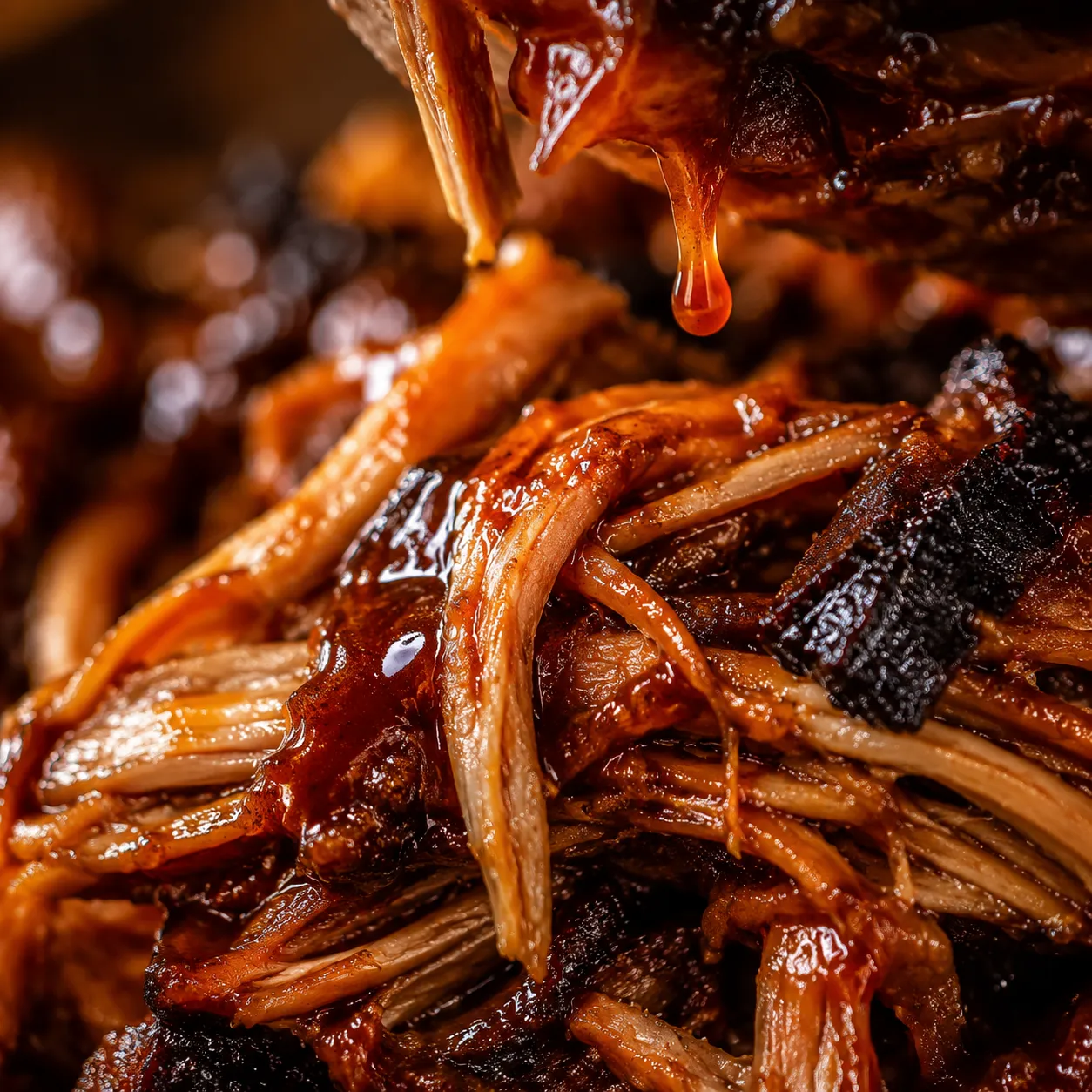 Macro close-up of tender pulled pork strands coated in glossy BBQ sauce.