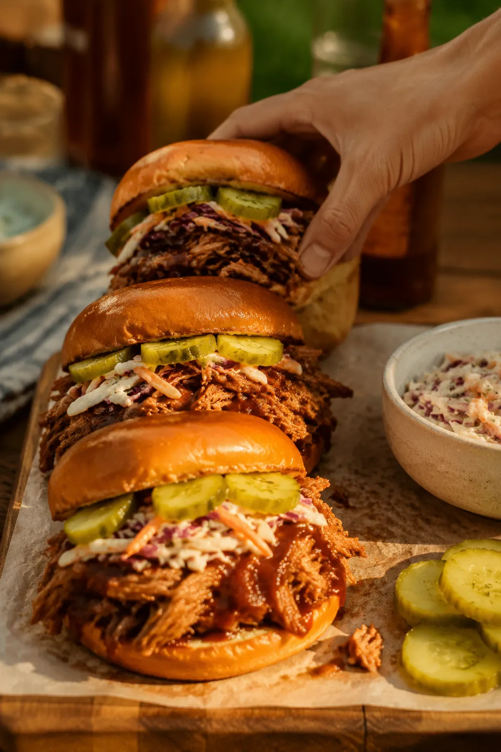 Three crock pot pulled pork sandwiches with pickles and coleslaw on parchment paper.