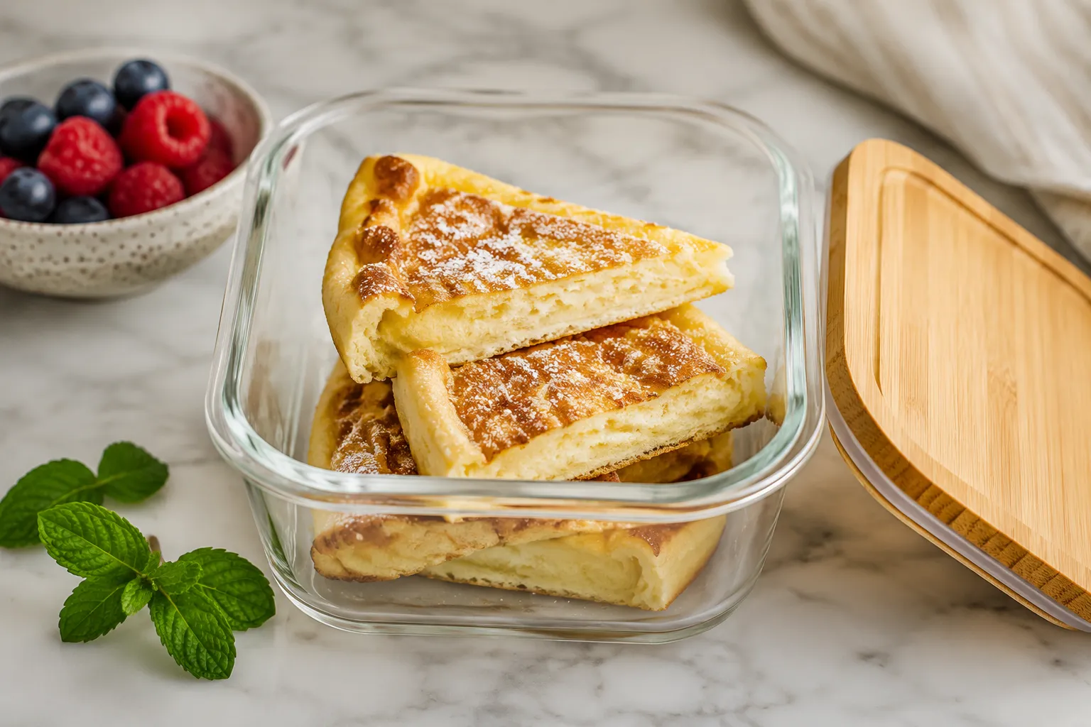 Leftover German pancakes stored in a glass container for the fridge