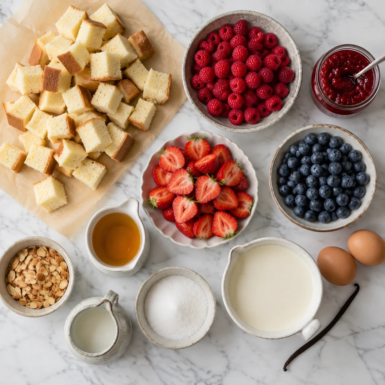 Trifle ingredients flatlay with sponge cake, berries, custard components, and cream