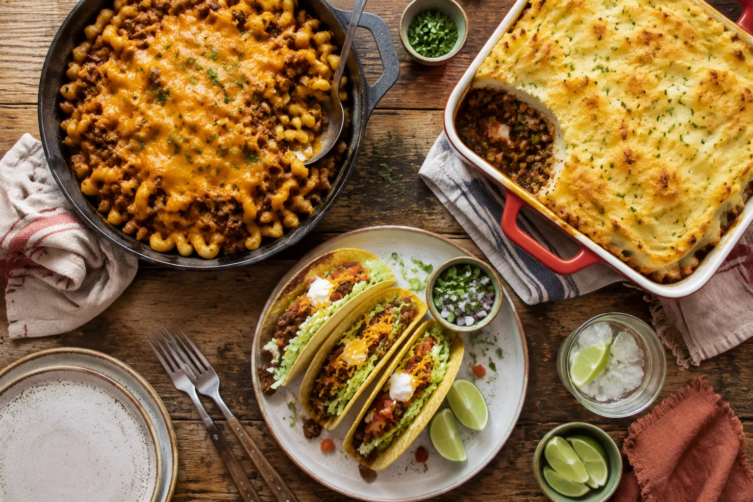 Ground beef dinner ideas including skillet, shepherd's pie, and tacos